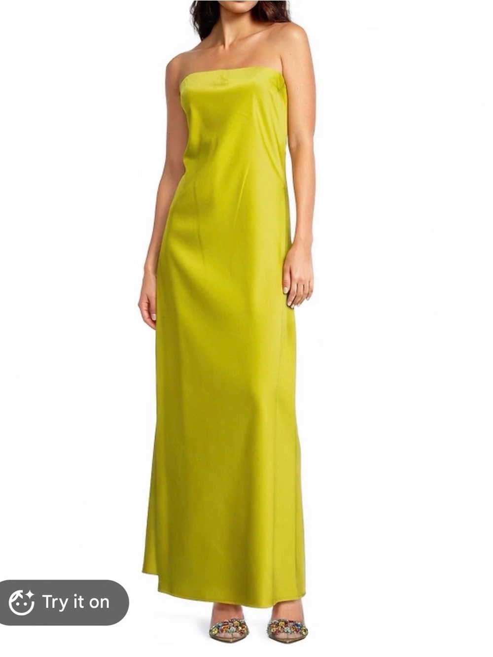 Gianni Bini Strapless Satin Column Dress in Chartreuse Yellow
